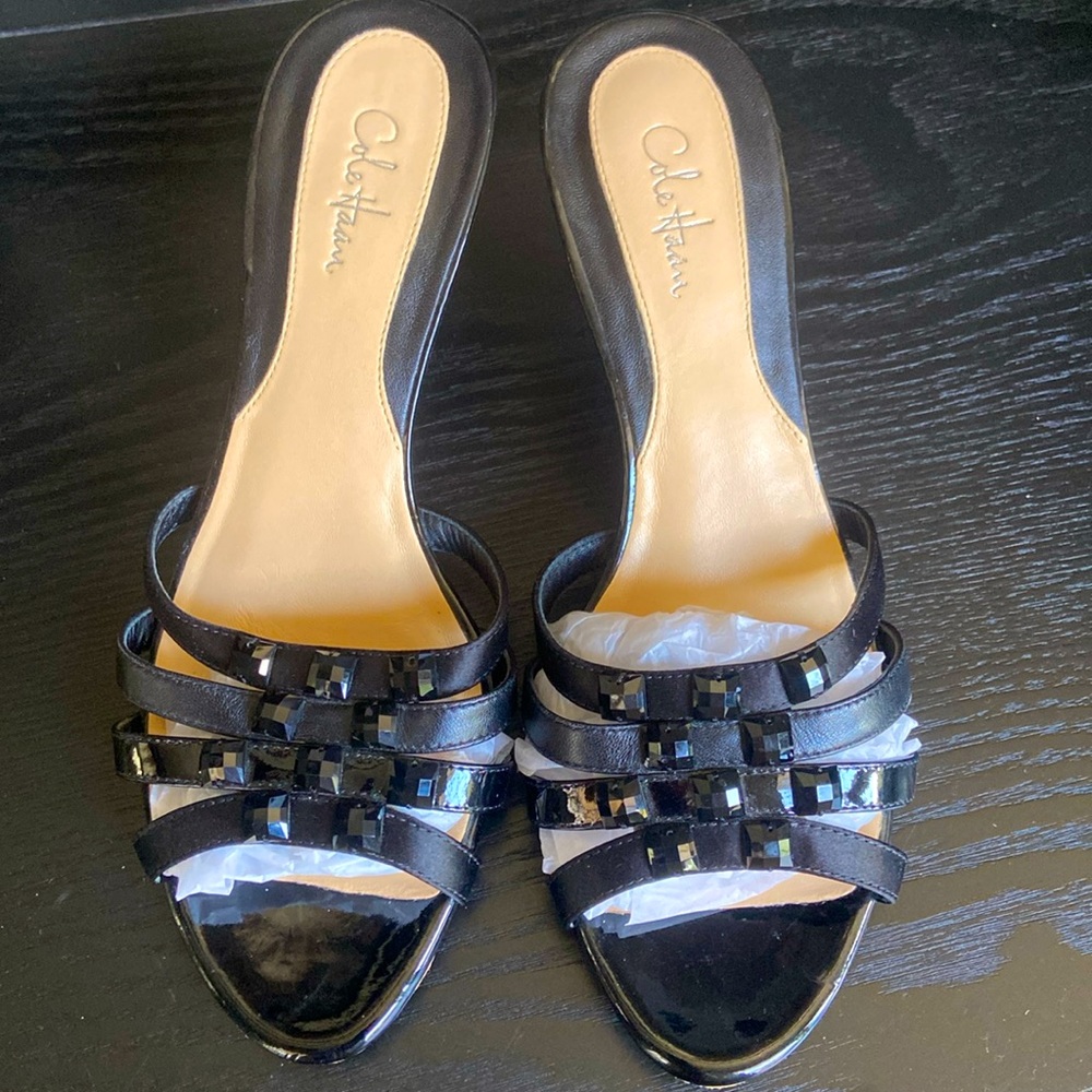 Sale! Cole Haan black formal sandals w/ black beads, Nike Air cushion sole.